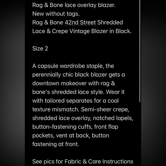 🔥 RAG & BONE . Lace Detailed Tuxedo style Black Blazer. 🔥Size 2 … GORGEOUS! 🔥 - Picture 6 of 17